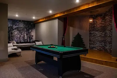 a living room with a pool table in a room at Forest apartment in the loop of the river Neris in Verkšonys