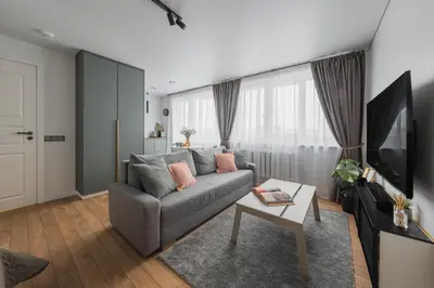a living room with a gray couch and a tv at City Center Apartment with balcony in Anykščiai