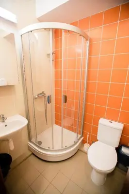 a bathroom with a shower and a toilet and a sink at Alytaus sporto viešbutis Self Check-in in Alytus