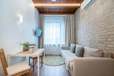 a living room with a couch and a brick wall at Warm studio in the heart of city in Vilnius