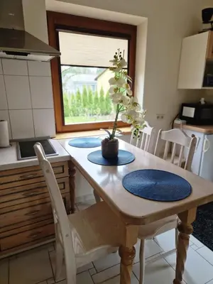 a kitchen with a wooden table with a potted plant on it at Linos Apartamentai in Druskininkai