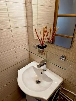 a bathroom with a white sink and a mirror at Linos Apartamentai in Druskininkai