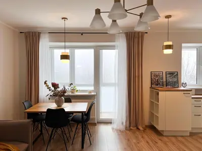 a kitchen and dining room with a table and chairs at AL Apartment, Central & Cozy in Panevėžys