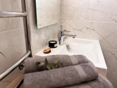 a bathroom with a sink with a towel on it at AL Apartment, Central & Cozy in Panevėžys