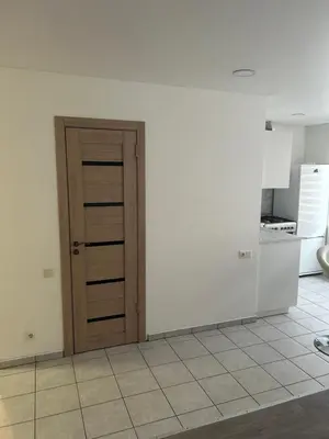 a kitchen with a wooden door in a room at White apartment in Druskininkai