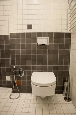 a bathroom with a toilet in a tiled room at Vila Nikolas in Druskininkai