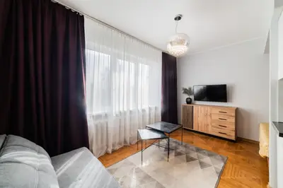 a living room with a couch and a tv at Fox studio apartment in Šiauliai