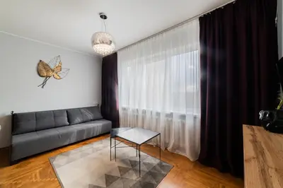 a living room with a couch and a butterfly on the wall at Fox studio apartment in Šiauliai