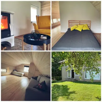 a collage of four pictures of a living room at Sodyba Lakaja Sky in Lakaja
