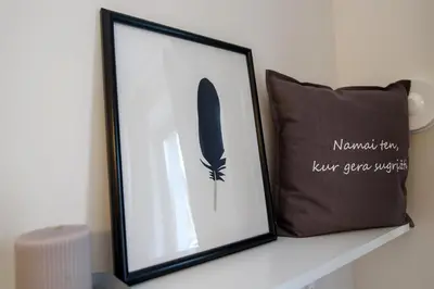 a picture of a feather on a shelf next to a pillow at Cozy Loft / Near Gates of Dawn / Free Netflix in Vilnius