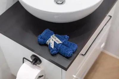 a bathroom counter with a sink and two towels at Old street apartment in Šiauliai