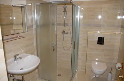 a bathroom with a shower and a sink and a toilet at Dvarčėnų dvaras in Dvarčėnai