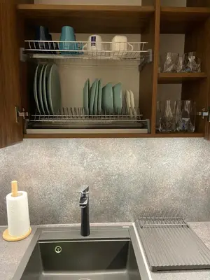 a kitchen sink with plates and dishes on a shelf at Eliana Apartments in Druskininkai