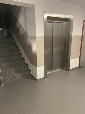 a hallway with stairs and a metal elevator at Eliana Apartments in Druskininkai