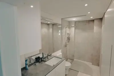 a bathroom with a shower and a sink and a toilet at Brand new apartment in Vilnius center. in Vilnius