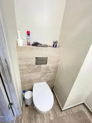 a bathroom with a white toilet in a room at Spectacular river view apartment in Vilnius