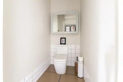 a bathroom with a toilet and a mirror at Art&Comfort Country in Kaunas