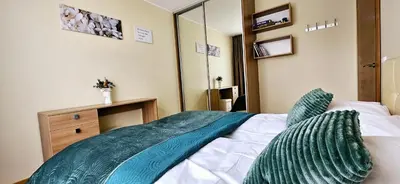 a bedroom with a bed with a green blanket on it at Aquapartment Druskininkai in Druskininkai