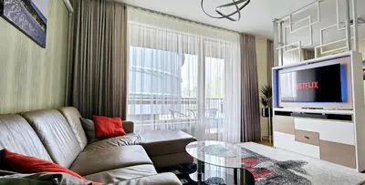 a living room with a couch and a tv at Aquapartment Druskininkai in Druskininkai