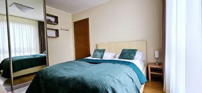a bedroom with a bed and a large mirror at Aquapartment Druskininkai in Druskininkai