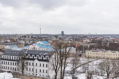 a view of a city in the snow at Near Gates of Dawn / Modern 1 bedroom / w/Netflix in Vilnius