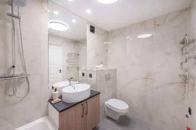 a bathroom with a sink and a toilet and a shower at Near Gates of Dawn / Modern 1 bedroom / w/Netflix in Vilnius