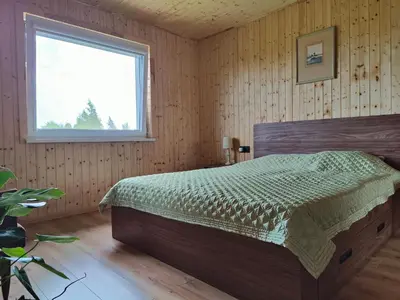 a bedroom with a bed and a window at Modern family house by the lake in Zarasai in Štadviliai