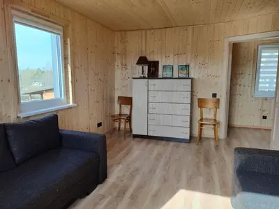 a living room with a couch and a dresser at Modern family house by the lake in Zarasai in Štadviliai