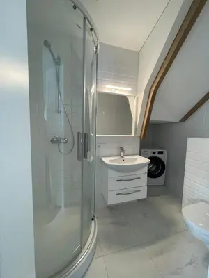 a bathroom with a shower and a sink at Private Trakai Historical Centre Karaim Two Floor Apartment in Trakai