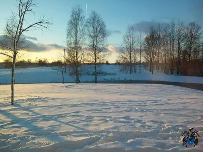 a field covered in snow with trees in the background at Villa Cheval in Aukštadvaris