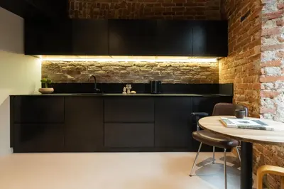 a kitchen with black cabinets and a brick wall at Hortus Vilnius in Vilnius