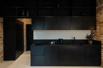 a kitchen with black cabinets and a brick wall at Hortus Vilnius in Vilnius