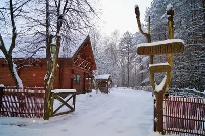 a snow covered yard with a house and a fence at Sodyba Duburiai in Ukmergė