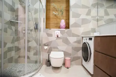 a bathroom with a toilet and a glass shower at Munu Holiday Apartments in Druskininkai