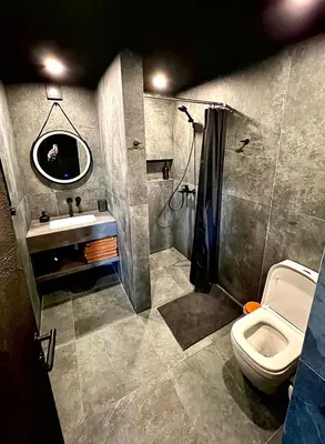 a bathroom with a shower and a toilet and a sink at Premium Forest Bungalow With Hot Tub & Sauna in Luokesos Sen