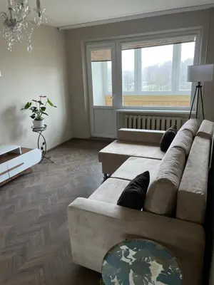 a living room with a couch and a window at Comfort home Šiauliai in Šiauliai