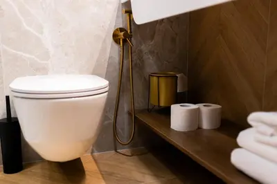a bathroom with a toilet and two rolls of toilet paper at Four Sisters Luxury Rooms in Siauliai in Šiauliai