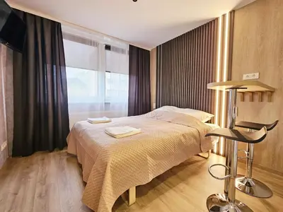 a bedroom with a large bed and a window at Vilnius Tiny apartments in Vilnius