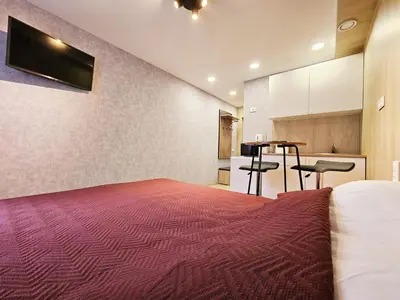 a bedroom with a large red bed and a kitchen at Vilnius Tiny apartments in Vilnius