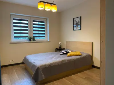 a bedroom with a bed and two windows at Trakų Namelis in Trakai