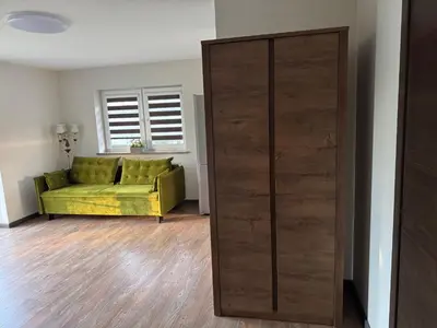 a living room with a green couch and a sliding door at Trakų Namelis in Trakai