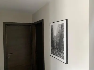 a picture hanging on a wall next to a door at Trakų Namelis in Trakai