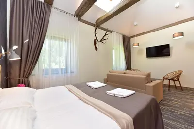 a hotel room with a bed and a chair at Medžiotojų Sostinė in Kunioniai