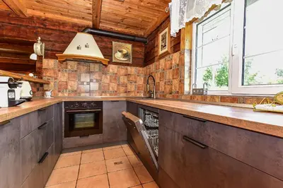 a large kitchen with wooden walls and wooden ceilings at Vila Loreta - visas privatus namas in Dūdorynė
