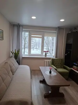 a living room with a couch and a table and a window at Apartamentai Auris in Druskininkai