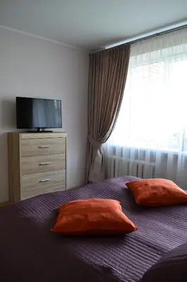 a bedroom with a bed with two pillows and a television at Šaulys1 in Druskininkai