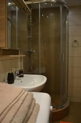 a bathroom with a glass shower and a sink at Šaulys1 in Druskininkai