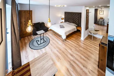 a bedroom with a bed and a living room at Hugo apartment in Šiauliai