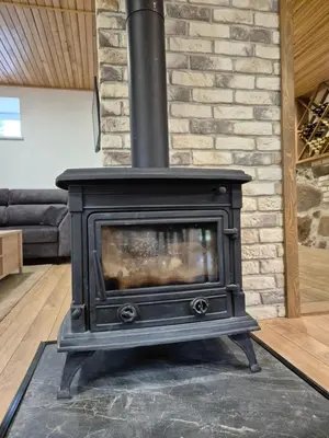 a black stove in a living room with a brick wall at Namas Zarasuose su vyno rūsiu in Zarasai