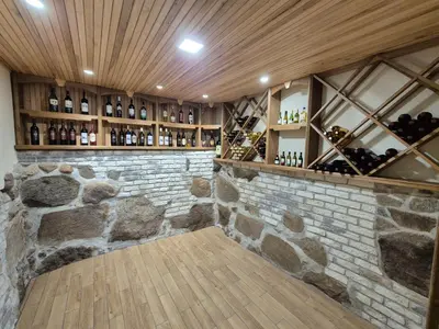 a wine cellar with a stone wall and shelves of wine bottles at Namas Zarasuose su vyno rūsiu in Zarasai